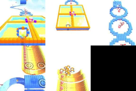 In-game preview thumbnail of the Sunburst Hub community level, showing a four-quadrant yellow-orange hub with looping tunnels