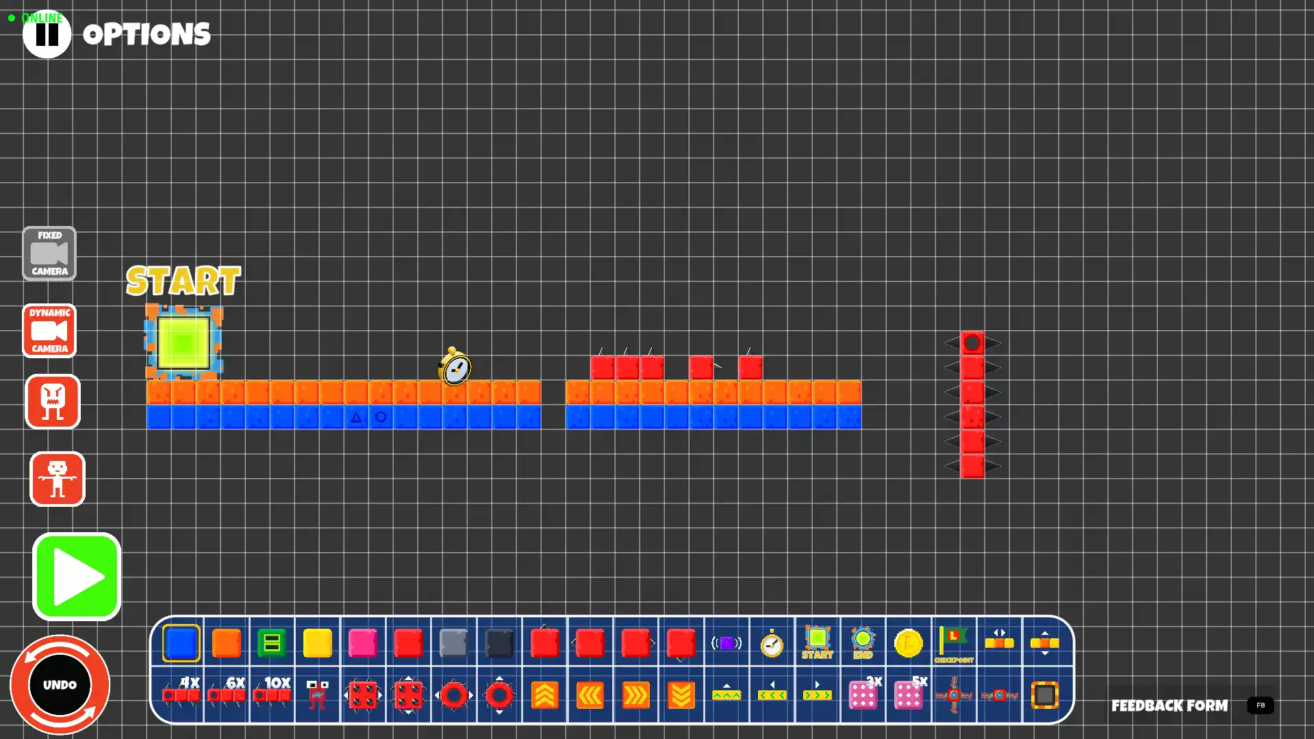 A vertical column of green climbable ladder blocks placed in the Lokko 2D Editor grid
