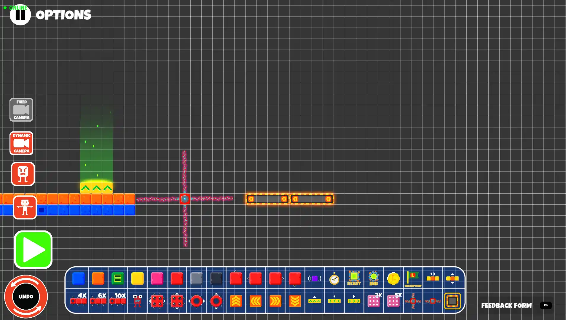 A row of conveyor belt blocks placed across the platform in the Lokko 2D level editor