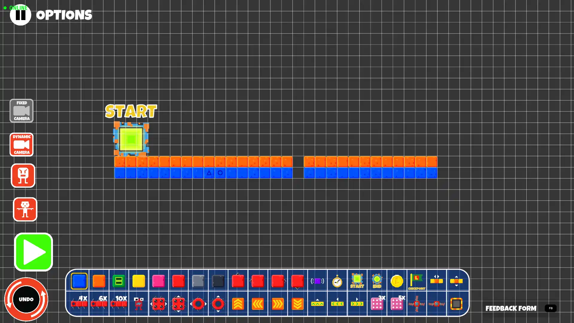 Dragging to place a row of platform blocks across the grid in Lokko's 2D level editor
