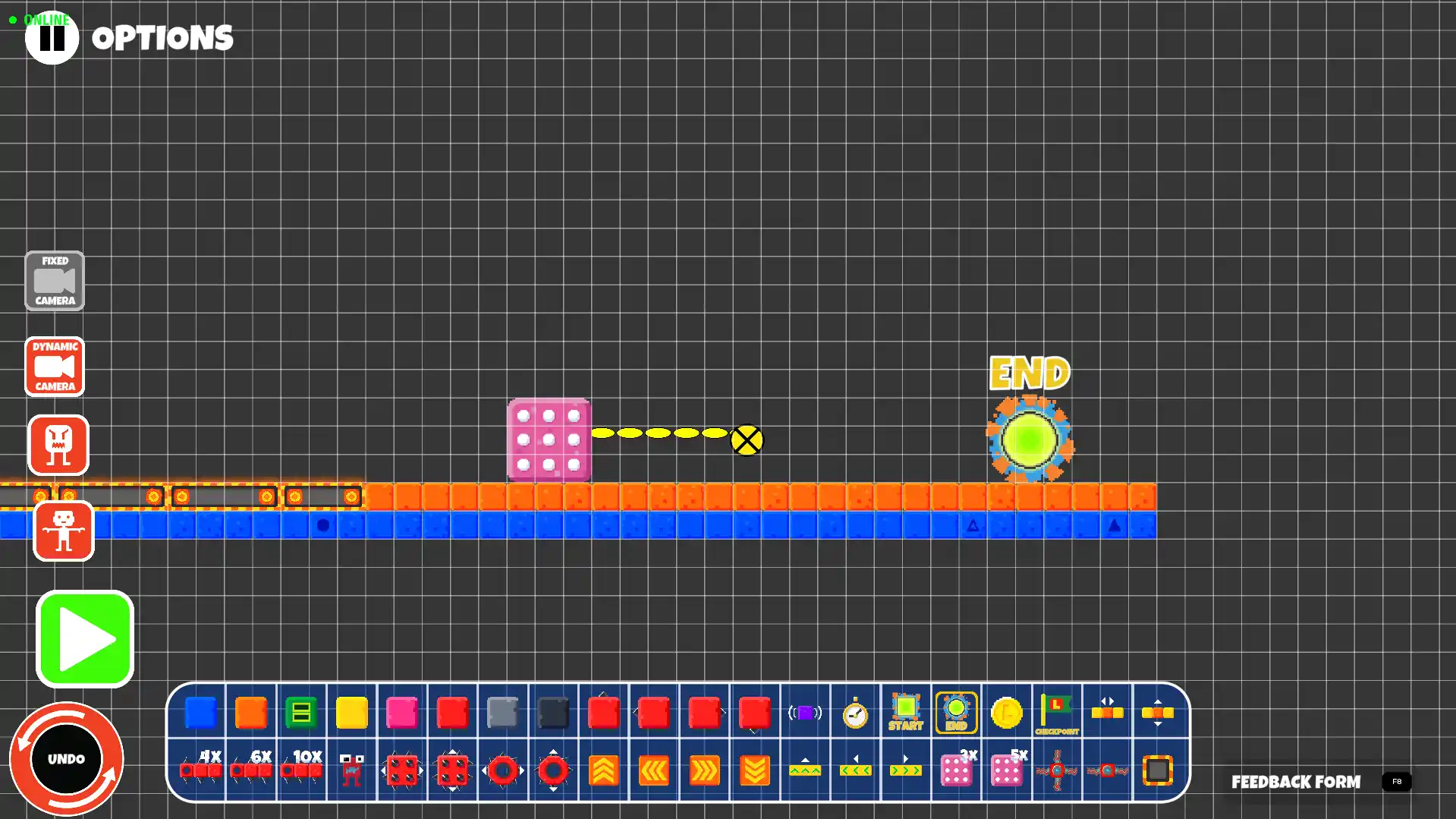 Green glowing END portal placed at the finish of a level in the Lokko 2D Editor