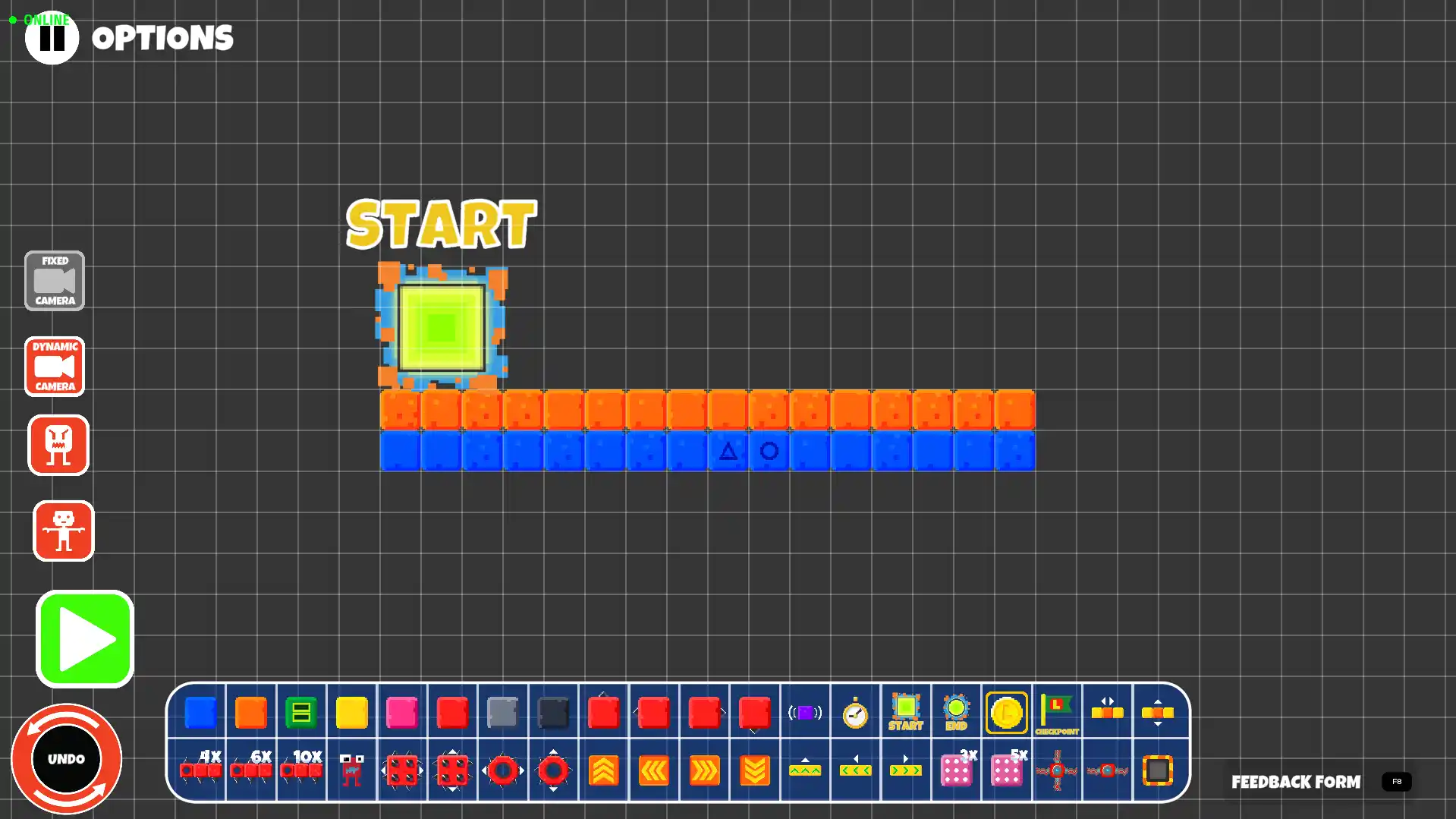 Lokko 2D Editor interface showing the left sidebar controls, grid canvas, and bottom object toolbar with a Start block placed