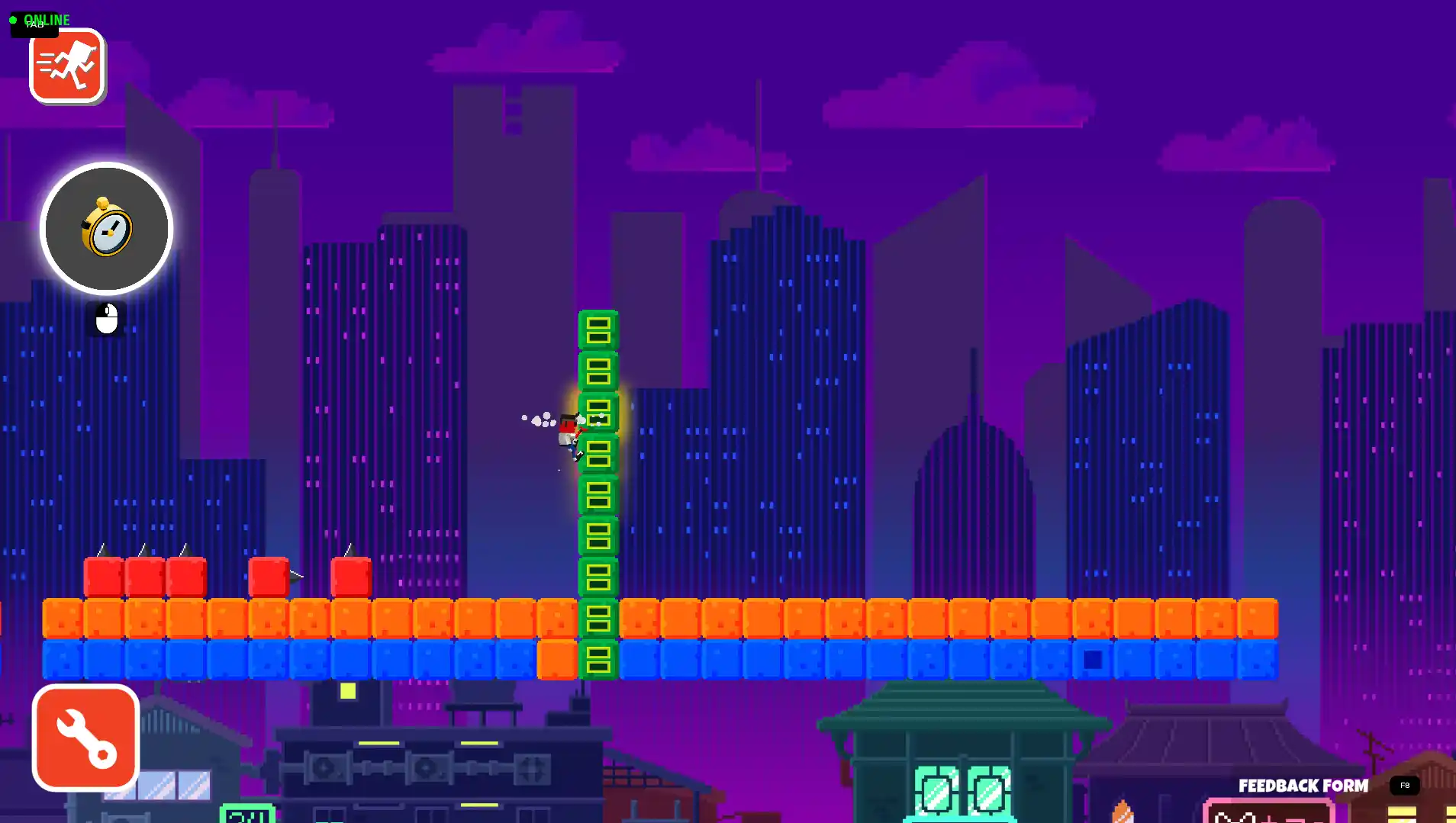 Jump pad and rotating laser cross hazard placed together in the Lokko 2D Editor toolbar
