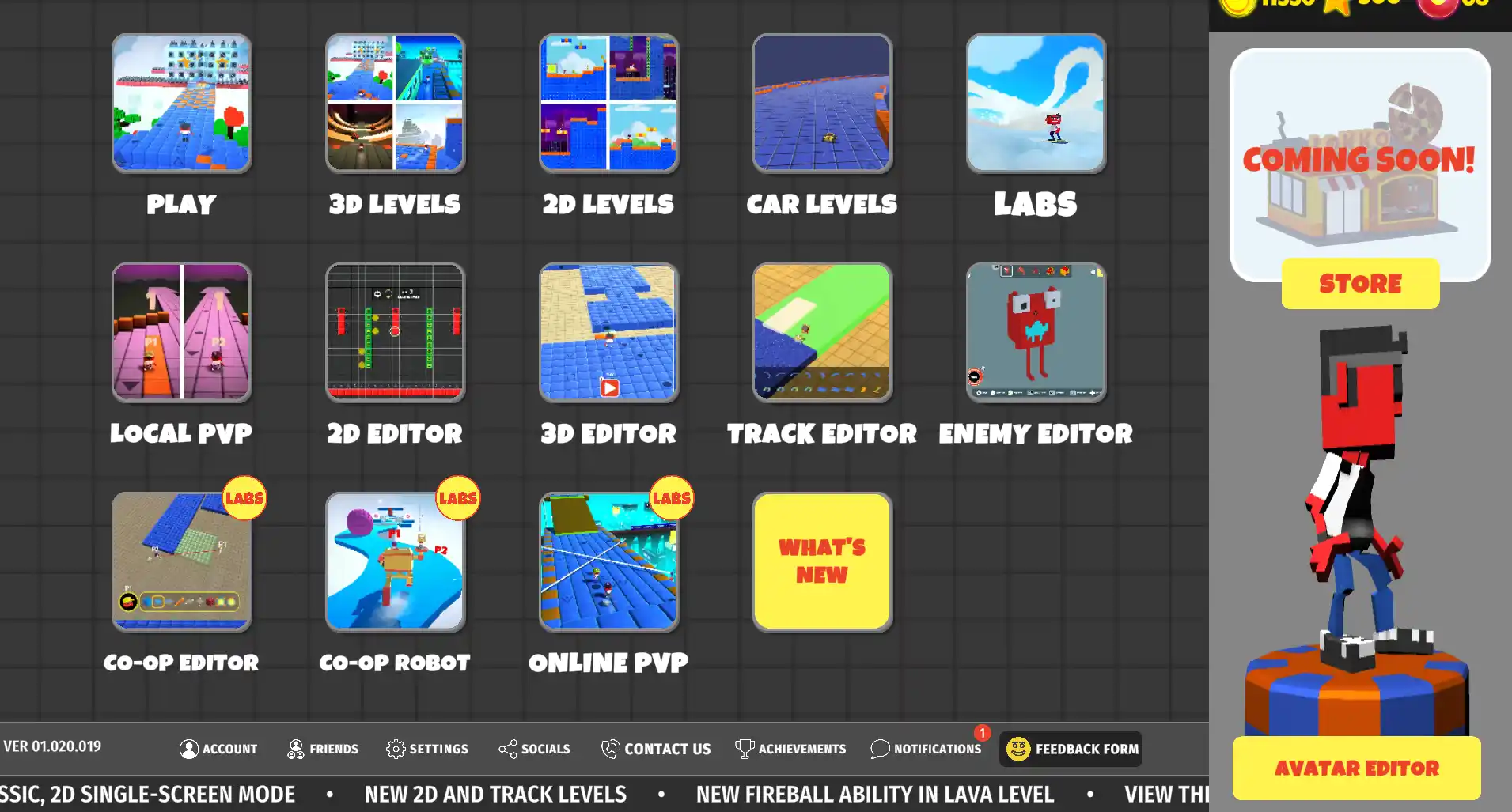 Lokko main menu with the 2D Editor tile highlighted among 3D Levels, Car Levels, Track Editor, and Enemy Editor options