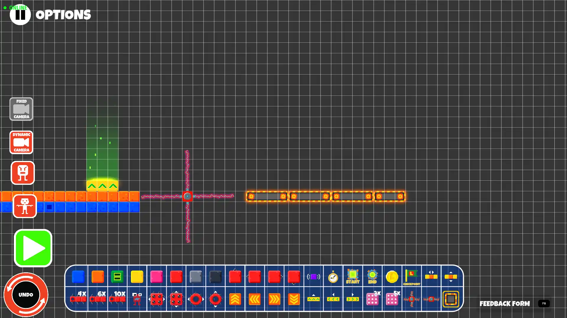 Pusher cube configuration showing range, speed, and directional target controls in the Lokko 2D Editor