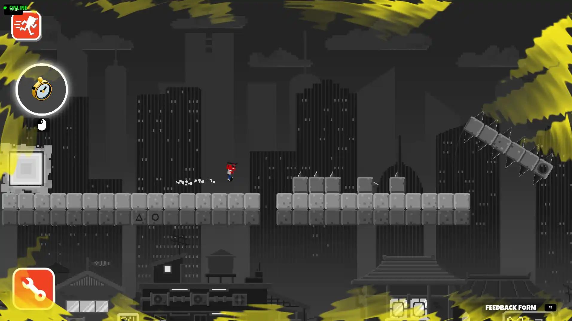 Player triggering a slow-motion stopwatch orb near a rotating laser hazard during gameplay