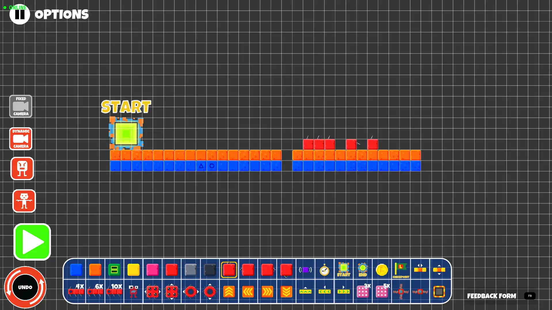 Directional spikes placed on top of platform blocks in the Lokko 2D Editor